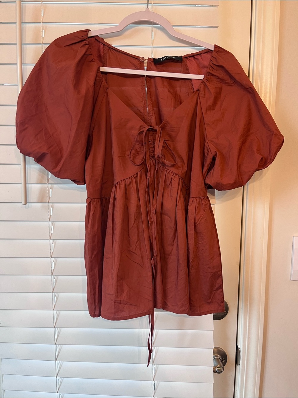 fab'rik Rust Puff Sleeve Tie-Front Tunic Top Size Medium